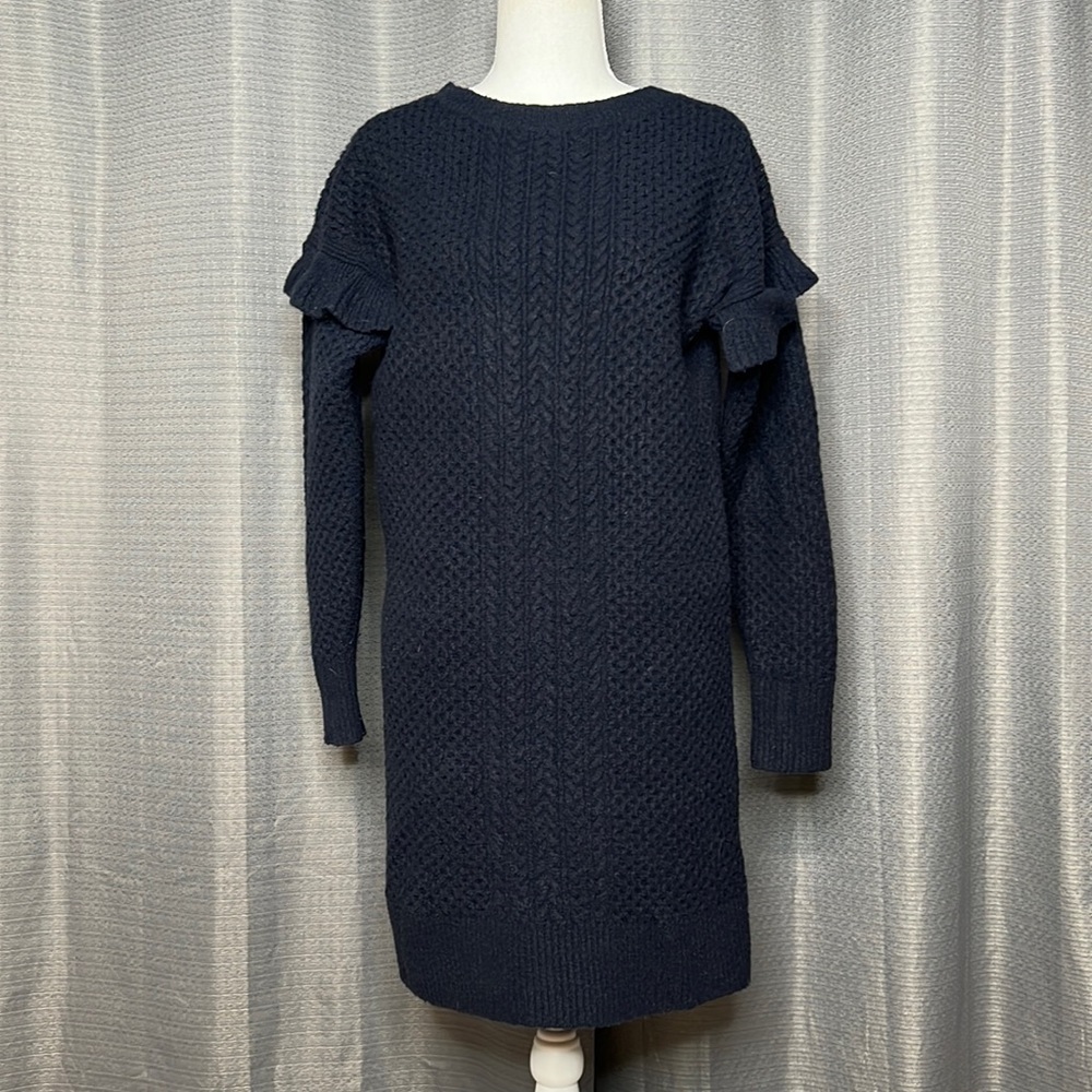 J. CREW XS DARK BLUE KNIT SWEATER DRESS WITH RUFFLE ON SLEEVES